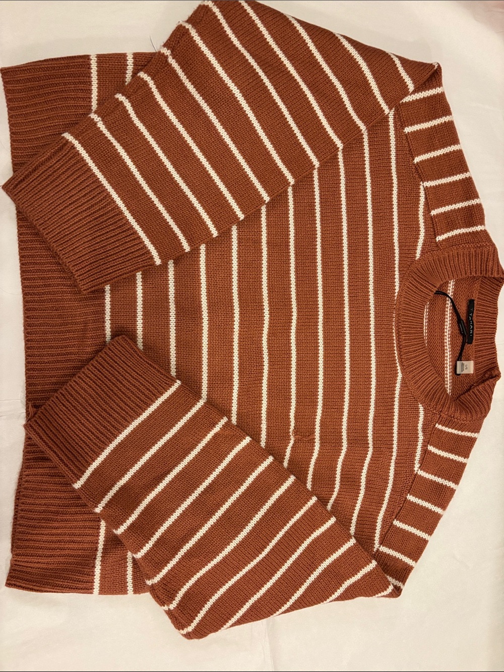 Womens Rust Brown Striped Crewneck Sweater